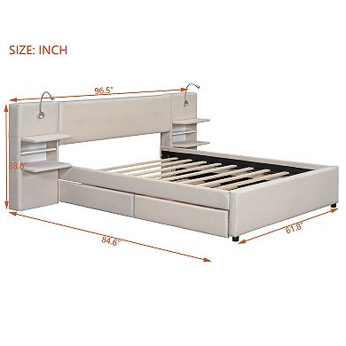 Merax Queen Size Upholstered Platform Bed with Reading Lights, Drawers, Trundle and Shelves