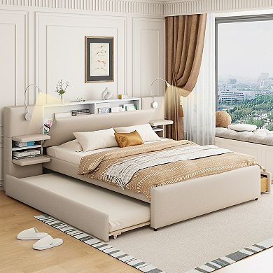 Merax Queen Size Upholstered Platform Bed with Reading Lights, Drawers, Trundle and Shelves