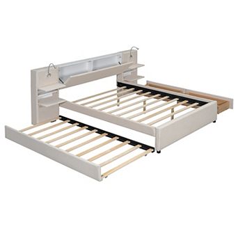 Merax Queen Size Upholstered Platform Bed with Reading Lights, Drawers, Trundle and Shelves