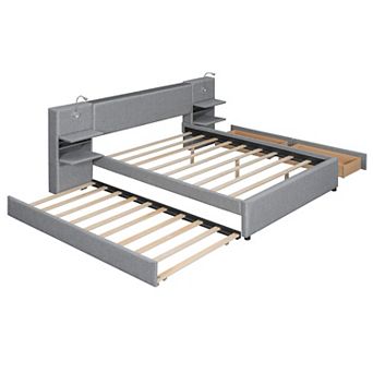 Merax Queen Size Upholstered Platform Bed with Reading Lights, Drawers, Trundle and Shelves
