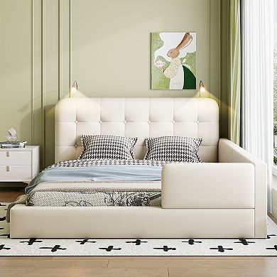 Merax Queen Size Upholstered Platform Bed with 2 Reading Lights
