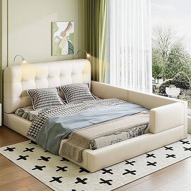 Merax Queen Size Upholstered Platform Bed with 2 Reading Lights