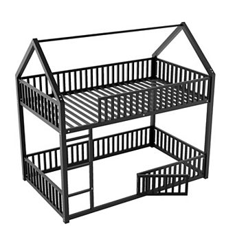 Merax Metal Twin over Twin House Bunk Bed with Fence and Door
