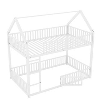 Merax Metal Twin over Twin House Bunk Bed with Fence and Door