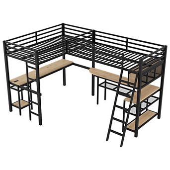Merax Metal Twin Size L-Shaped Loft Bed with LED, Storage Shelves