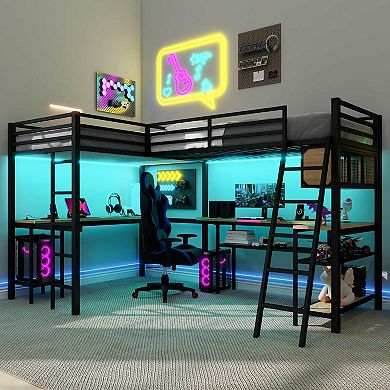 Merax Metal Twin Size L-Shaped Loft Bed with LED, Storage Shelves