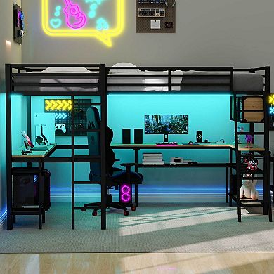 Merax Metal Twin Size L-Shaped Loft Bed with LED, Storage Shelves
