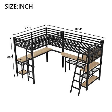 Merax Metal Twin Size L-Shaped Loft Bed with LED, Storage Shelves