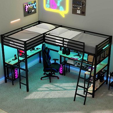 Merax Metal Twin Size L-Shaped Loft Bed with LED, Storage Shelves