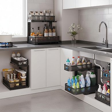2 Pack Under Sink Organizer Dual Layer Pull Out Rack 5 Level Adjustment Rust Resistant Sliding