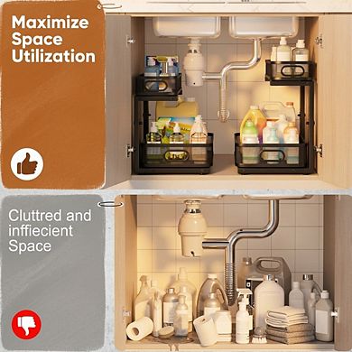 2 Pack Under Sink Organizer Dual Layer Pull Out Rack 5 Level Adjustment Rust Resistant Sliding