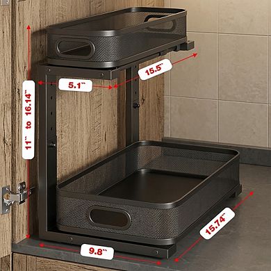 2 Pack Under Sink Organizer Dual Layer Pull Out Rack 5 Level Adjustment Rust Resistant Sliding