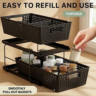 2 Tier Under Sink Storage Organizer Sliding Drawer Adjustable Divider Anti Slip Base Durable Baskets