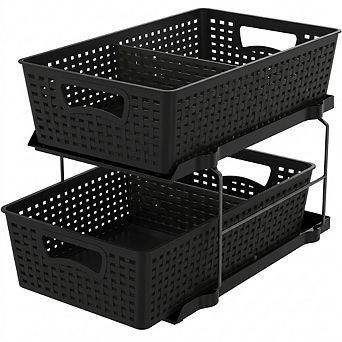 2 tier Under Sink Storage Organizer Sliding Drawer Adjustable Divider Anti Slip Base Durable Baskets
