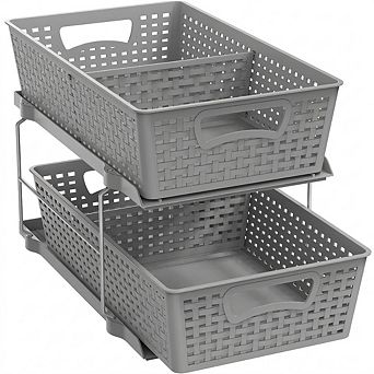 2 tier Under Sink Storage Organizer Sliding Drawer Adjustable Divider Anti Slip Base Durable Baskets