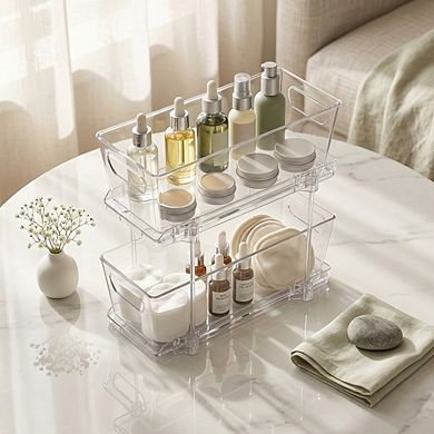 2-Tier Narrow Pull-Out Basket Drawer Organizer Sliding Plastic for Bathroom Kitchen Storage