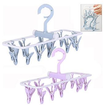 Folding Clothes Hangers With Clips 2 Pack 360° Rotatable Hook Portable Plastic Drying