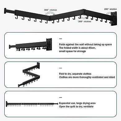 Wall Mounted Clothes Drying Rack Folding Retractable Aluminum 3-Pole 220lbs