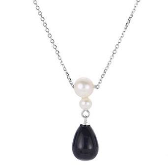 PearLustre by Imperial Sterling Silver Freshwater Cultured Pearl & Black Onyx Drop Pendant Necklace