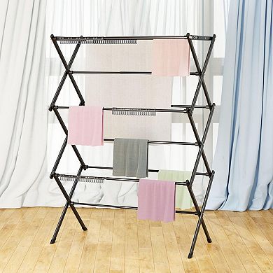 3 Tier Foldable Clothes Drying Rack Metal Collapsible Indoor Outdoor Laundry Space-saving