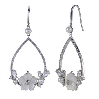 PearLustre by Imperial Sterling Silver Freshwater Cultured Pearl, Lab-Created White Sapphire & Mother-of-Pearl Flower Drop Earrings