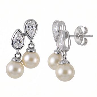 PearLustre by Imperial Sterling Silver Freshwater Cultured Pearl & Lab-Created White Sapphire Double Drop Earrings