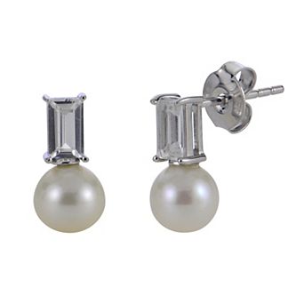 PearLustre by Imperial Sterling Silver Lab-Created White Sapphire & Freshwater Cultured Pearl Drop Earrings