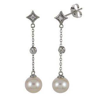 PearLustre by Imperial Sterling Silver Lab-Created White Sapphire & Freshwater Cultured Pearl Chain Drop Earrings