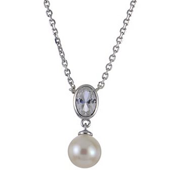 PearLustre by Imperial Sterling Silver Lab-Created White Sapphire & Freshwater Cultured Pearl Pendant Necklace