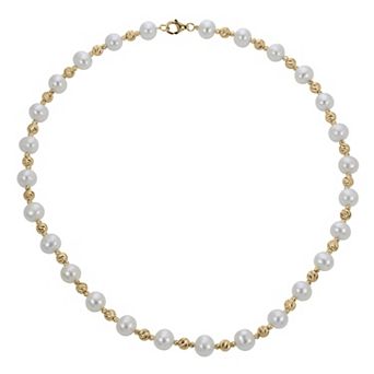 PearLustre by Imperial 14k Gold Over Sterling Silver Diamond-Cut Bead Freshwater Cultured Pearl Necklace