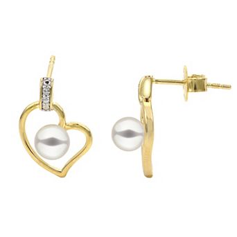 PearLustre by Imperial 14k Gold Over Sterling Silver Freshwater Cultured Pearl & Diamond Accent Heart Stud Earrings