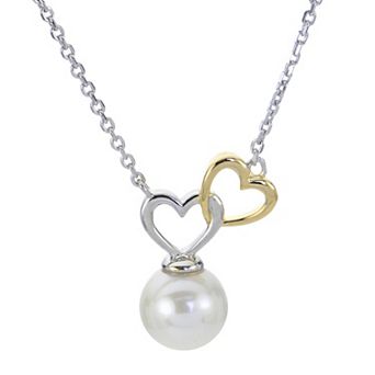 PearLustre by Imperial Two Tone Sterling Silver & 14k Gold Freshwater Cultured Pearl Double Heart Pendant Necklace