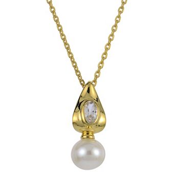 PearLustre by Imperial 14k Gold Over Sterling Silver Freshwater Cultured Pearl & Lab-Created White Sapphire Oval Pendant Necklace