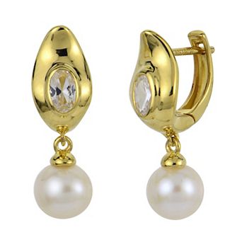 PearLustre by Imperial 14k Gold Over Sterling Silver Lab-Created White Sapphire & Freshwater Cultured Pearl Huggie Hoop Earrings