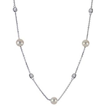 PearLustre by Imperial Sterling Silver 2/5 Carat T.W. Lab-Grown Diamond & Freshwater Cultured Pearl Station Necklace