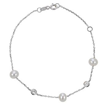 PearLustre by Imperial Sterling Silver 1/5 Carat T.W. Lab-Grown Diamond & Freshwater Cultured Pearl Station Bracelet