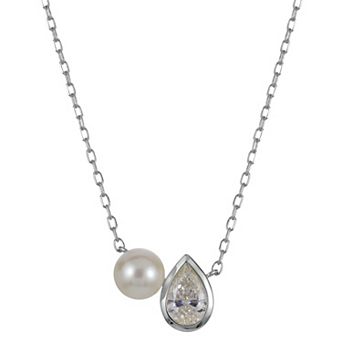 PearLustre by Imperial Sterling Silver 1/2 Carat T.W. Lab-Grown Diamond & Freshwater Cultured Pearl Necklace