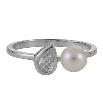 PearLustre by Imperial Sterling Silver 1/4 Carat T.W. Lab-Grown Diamond & Freshwater Cultured Pearl Ring