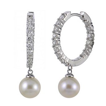 PearLustre by Imperial Sterling Silver 1 Carat T.W. Lab-Grown Diamond & Freshwater Cultured Pearl Hinged Hoop Earrings