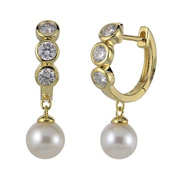 PearLustre by Imperial 14k Gold Over Sterling Silver 3/5 Carat T.W. Lab-Grown Diamond & Round Freshwater Cultured Pearl Huggie Hoop Earrings