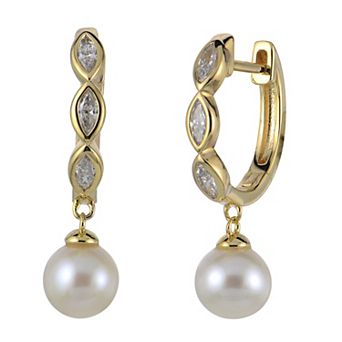 PearLustre by Imperial 14k Gold Over Sterling Silver 1/3 Carat T.W. Lab-Grown Diamond & Freshwater Cultured Pearl Huggie Hoop Earrings