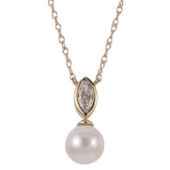 PearLustre by Imperial 14k Gold 1/10 Carat T.W. Lab-Grown Diamond & Freshwater Cultured Pearl Pendant Necklace