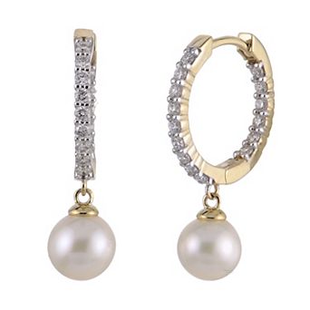 PearLustre by Imperial 14k Gold 2/5 Carat T.W. Lab-Grown Diamond & Freshwater Cultured Pearl Hinged Hoop Earrings