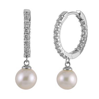 PearLustre by Imperial 14k Gold 2/5 Carat T.W. Lab-Grown Diamond & Freshwater Cultured Pearl Hinged Hoop Earrings