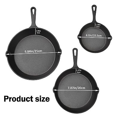 Cast Iron Skillet Set 3 Pre-seasoned Frying Pans Heavy Duty Multi-use Cookware