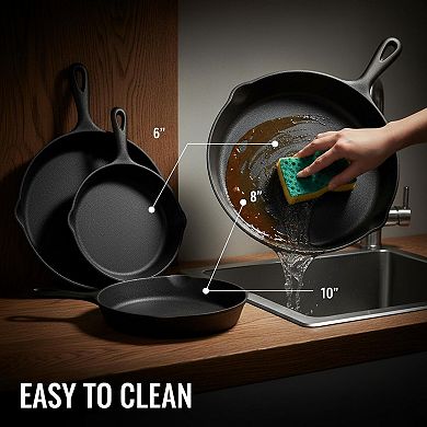 Cast Iron Skillet Set 3 Pre-seasoned Frying Pans Heavy Duty Multi-use Cookware