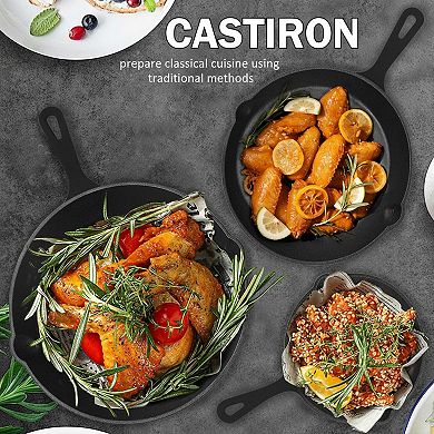 Cast Iron Skillet Set 3 Pre-seasoned Frying Pans Heavy Duty Multi-use Cookware