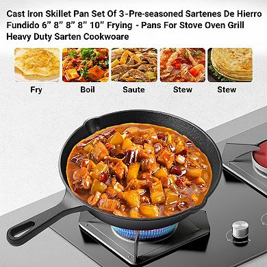 Cast Iron Skillet Set 3 Pre-seasoned Frying Pans Heavy Duty Multi-use Cookware