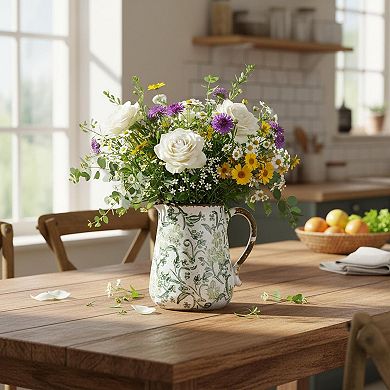 Ceramic Rustic Farmhouse Vase Vintage Hand-Painted Floral Pitcher w/ Handle for Centerpieces Home