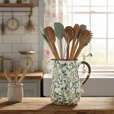 Ceramic Rustic Farmhouse Vase Vintage Hand-Painted Floral Pitcher w/ Handle for Centerpieces Home